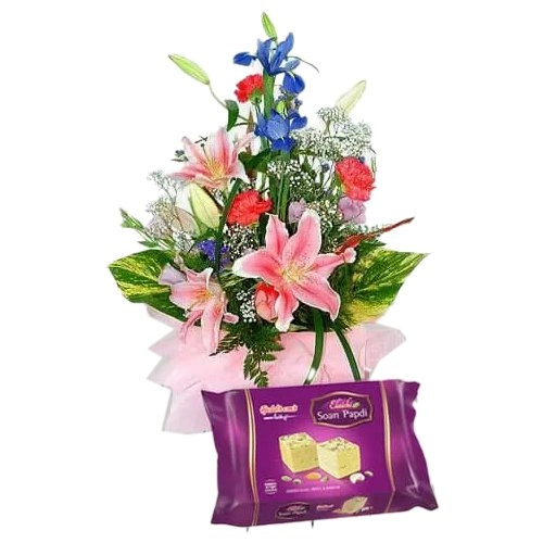 Seasonal Flowers Bouquet with Haldirams Soan Papri
