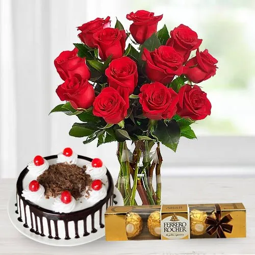 Gorgeous Bouquet of Red Roses with Ferrero Rocher and Black Forest Cake