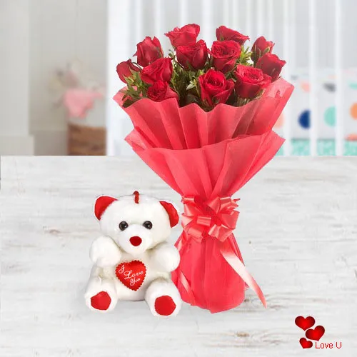 Hug Day Gift of Teddy with Red Roses Bouquet