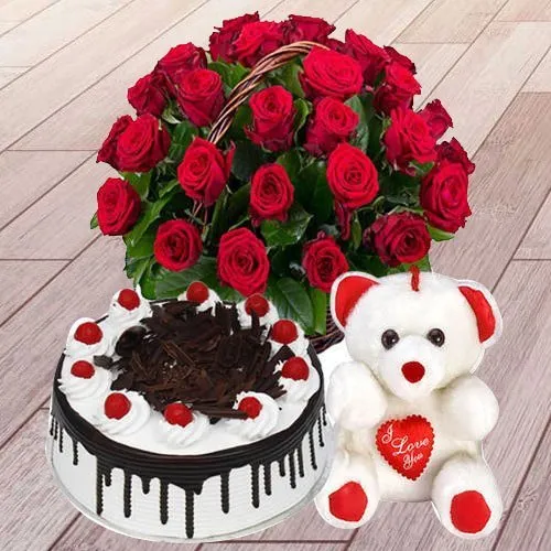 Online Deliver Red Roses with Black Forest Cake N Teddy Online