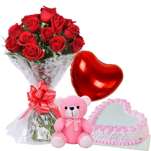 Buy Online Red Roses with Teddy, Heart Shaped Cake N Balloons