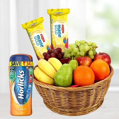 Fresh Fruits Basket with Horlicks and Biscuits