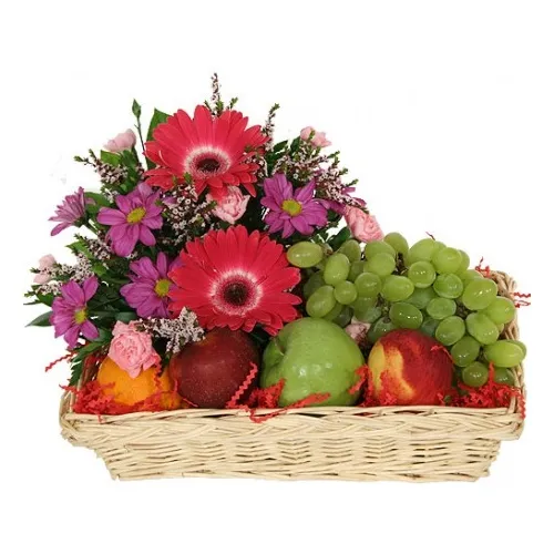 Tasty Fresh Fruits Basket with Pretty Flowers