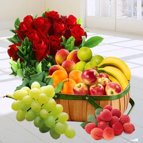 Red Roses Bouquet with Fresh Fruits Basket