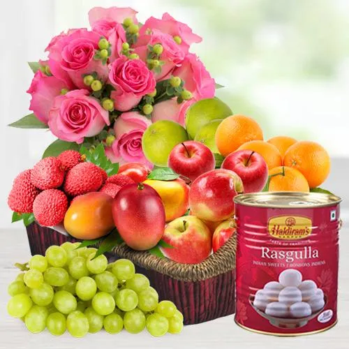 Fruits Basket with Roses Bouquet N Haldirams Rasgulla