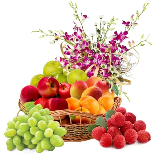 Fresh Fruits Basket decorated with Orchids