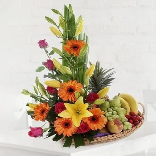 Luscious 2 kg Fresh Fruits Basket with Floral Accents