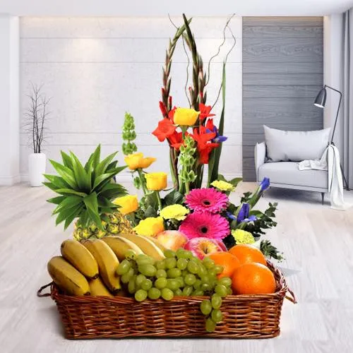 Amazing Fruits Basket with Fresh Flowers