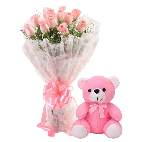 Online Combo of Pink Roses Bouquet N Teddy for Teddy Day