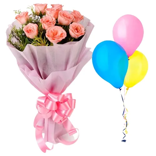 Pretty Combo of Pink Roses with Balloons