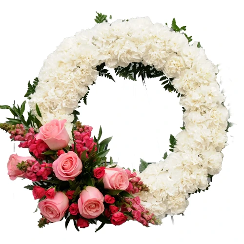 Exquisite Wreath of Pink Roses and White Carnations
