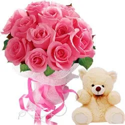 Pink Roses Bouquet with Cute Teddy