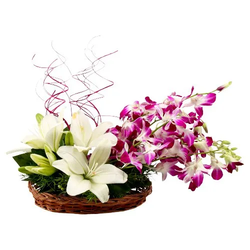 Blushing Basket of Orchids N Lilies