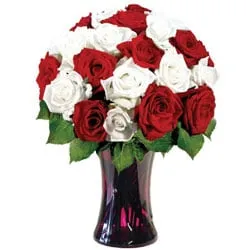 Pretty Red N White Roses in a Glass Vase