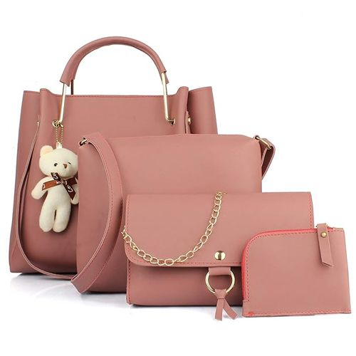 Stylish Pink PU Leather Handbag Combo