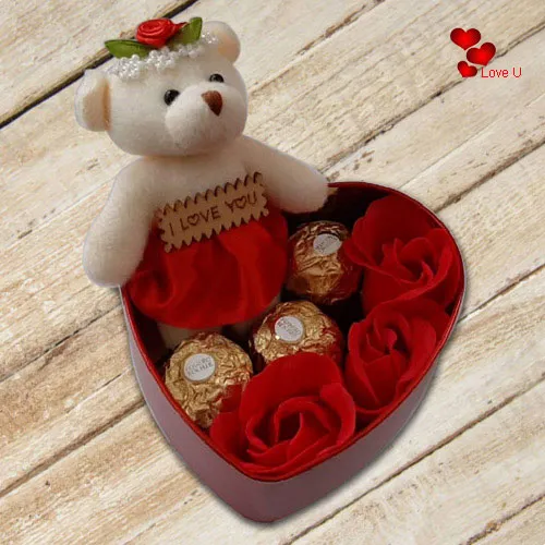 Amazing Heart Shape Box of Teddy, Roses and Ferrero Rocher