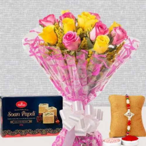 Rakhi Soan Papdi and Flower Gift Set