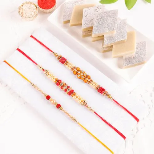 Elegant Set of 3 Rakhi and Kaju Katli