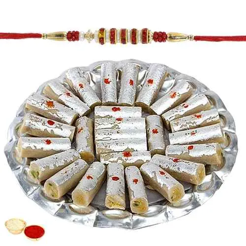 Mesmerizing Rakhi with Kaju Pista Roll Gift Set