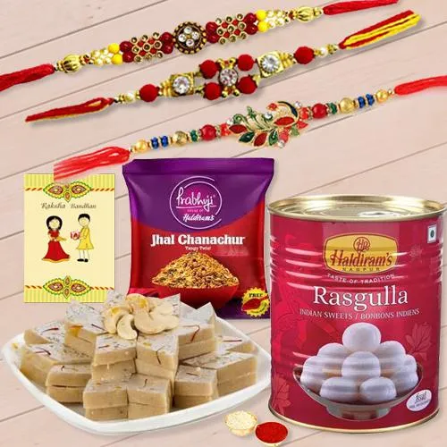 Fancy Set of 3 Rakhis with Haldirams Sweets n Savory