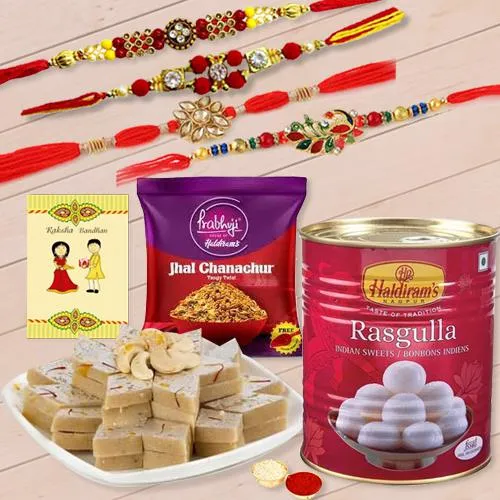 Classy Set of 4 Rakhi with Haldiram Sweets n Chanchur