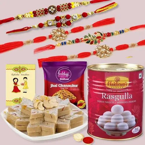 Charming Set of 5 Rakhi with Haldirams Sweets n Savory