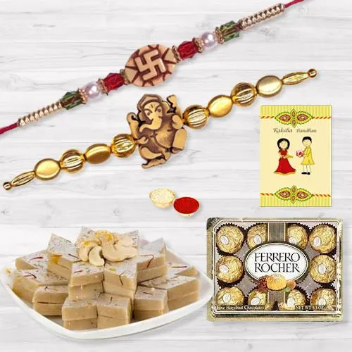 Ethnic Rakhi Pair with Kaju Katli n Ferrero Rocher