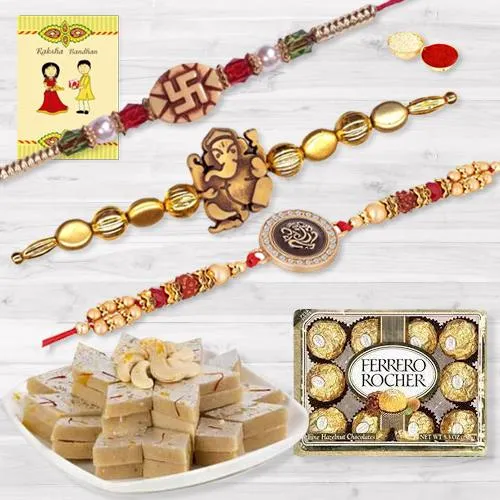 Designer Set of 3 Rakhi with Kaju Katli n Ferrero Rocher