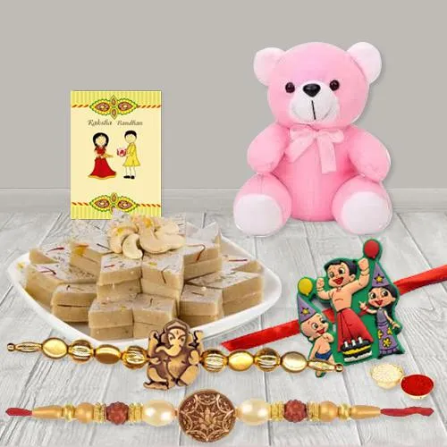 Ethnic Pair of Rakhi n Kids Rakhi with Teddy n Kaju Katli