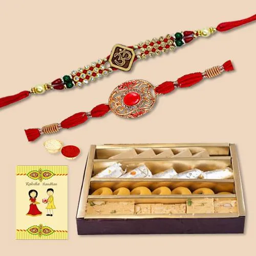 Dual Ethnic Rakhi Set with Assorted Sweets N Card
