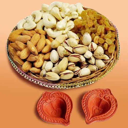 Classy Gift of Assorted Dry Fruits with Pair of Diya