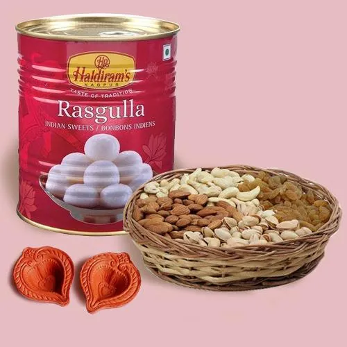 Ideal Gift of Dry Fruits in Bag, Rasgulla n Diyas