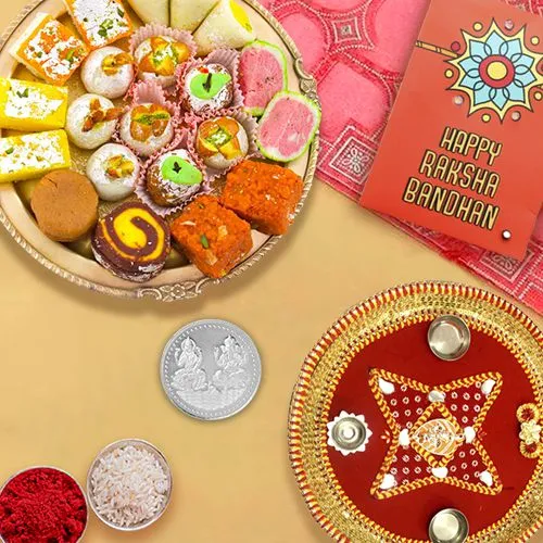 Elegant Rakhi Thali With Sweets and Silver Coin