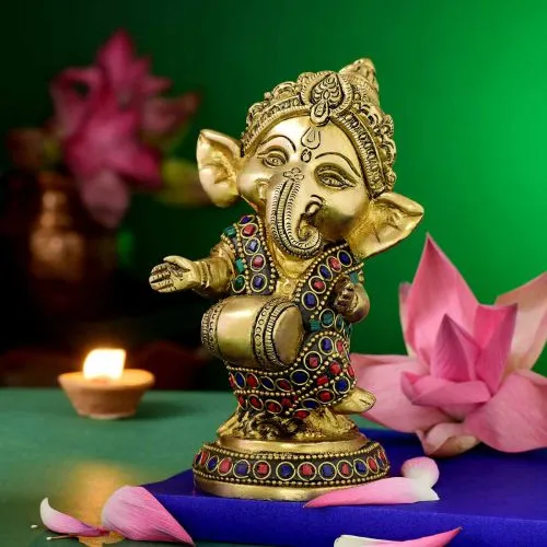 Dhol Playing Ganesh Brass Idol