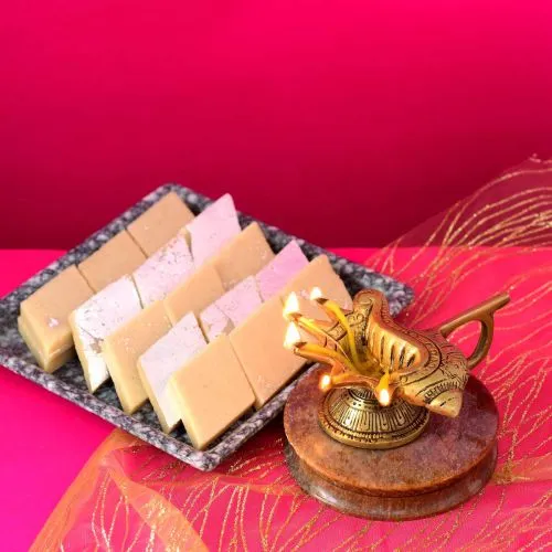 Kaju Katli with Brass Diya