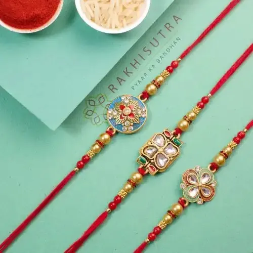 Set of 3 Stunning Kundan Rakhi